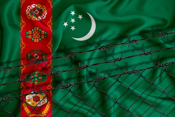 Türkmenistan Bayrak Geliştirme Çit Örgüsü Dikenli Tel Göçmenler Izolasyon Kavramı — Stok fotoğraf