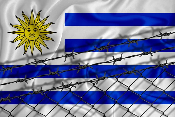 Uruguay Vlag Ontwikkeling Hek Gaas Prikkeldraad Emigranten Isolatieconcept Met Plaats — Stockfoto