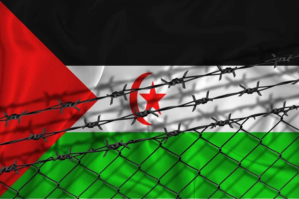 Desarrollo Bandera Del Sahara Occidental Malla Valla Alambre Púas Concepto — Foto de Stock
