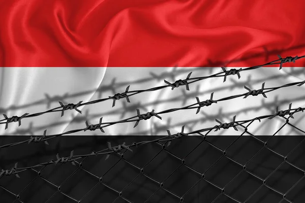 Desarrollo Bandera Yemen Malla Valla Alambre Púas Concepto Aislamiento Emigrantes — Foto de Stock