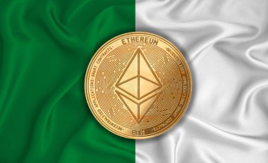 Cezayir bayrağı, arka planda bitcoin altın para. Engelleme zinciri, bitcoin, para birimi ademi merkeziyeti. 3d oluşturma