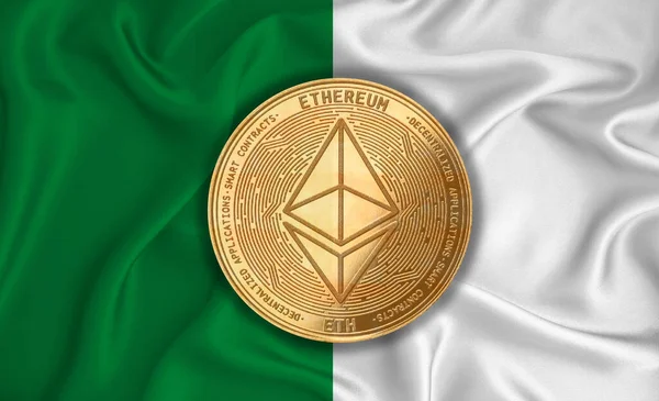 Cezayir bayrağı, arka planda bitcoin altın para. Engelleme zinciri, bitcoin, para birimi ademi merkeziyeti. 3d oluşturma