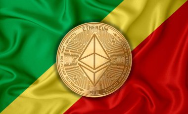 Kongo bayrağı, bayraklarda altın para. Engelleme zinciri, bitcoin, para birimi ademi merkeziyeti. 3d oluşturma
