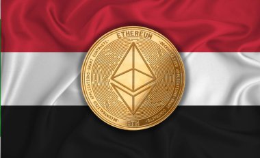 Mısır bayrağı, bayraklı altın para. Engelleme zinciri, bitcoin, para birimi ademi merkeziyeti. 3d oluşturma