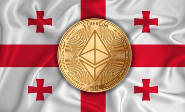 Gürcistan bayrağı, bayraklı altın para. Engelleme zinciri, bitcoin, para birimi ademi merkeziyeti. 3d oluşturma
