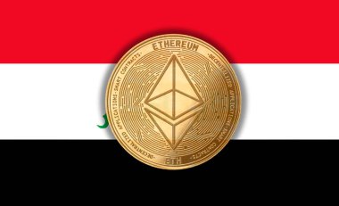 Irak bayrağı, bayraklarda altın para. Engelleme zinciri, bitcoin, para birimi ademi merkeziyeti. 3d oluşturma