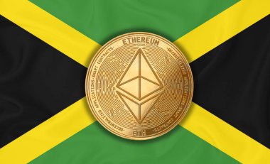Jamaika bayrağı, bayraklı altın para. Engelleme zinciri, bitcoin, para birimi ademi merkeziyeti. 3d oluşturma