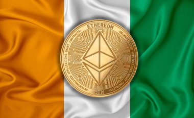 İrlanda bayrağı, bayraklı altın para. Engelleme zinciri, bitcoin, para birimi ademi merkeziyeti. 3d oluşturma