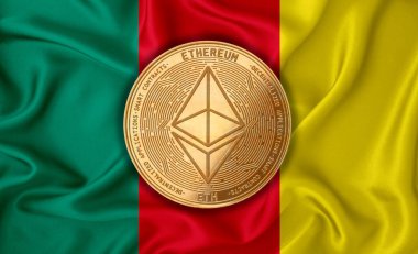 Kamerun bayrağı, bayraklarda altın para. Engelleme zinciri, bitcoin, para birimi ademi merkeziyeti. 3d oluşturma