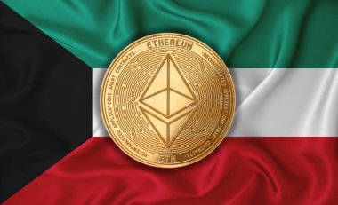 Kuveyt bayrağı, bayraklarda altın para. Engelleme zinciri, bitcoin, para birimi ademi merkeziyeti. 3d oluşturma