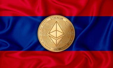 Laos bayrağı, bayraklarda altın para. Engelleme zinciri, bitcoin, para birimi ademi merkeziyeti. 3d oluşturma