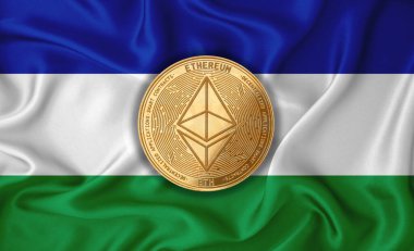 Lesotho bayrağı, bayraklı altın sikke. Engelleme zinciri, bitcoin, para birimi ademi merkeziyeti. 3d oluşturma