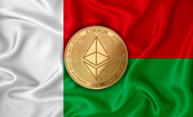 Madagaskar bayrağı, bayrak arka planında ethereum altın sikke. Engelleme zinciri, bitcoin, para birimi ademi merkeziyeti. 3d oluşturma