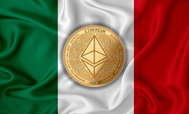 Meksika bayrağı, bayraklı altın para. Engelleme zinciri, bitcoin, para birimi ademi merkeziyeti. 3d oluşturma