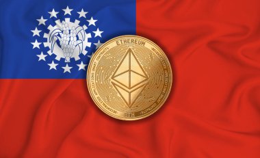 Myanmar bayrağı, bayraklı altın para. Engelleme zinciri, bitcoin, para birimi ademi merkeziyeti. 3d oluşturma