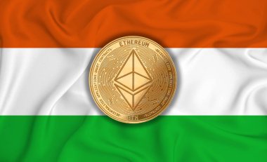 Nijer bayrağı, bayraklı altın para. Engelleme zinciri, bitcoin, para birimi ademi merkeziyeti. 3d oluşturma