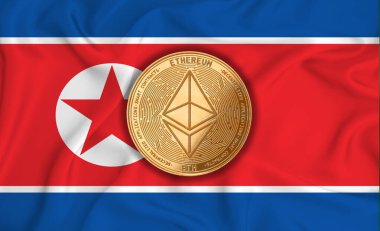 Kuzey Kore bayrağı, bayraklarda altın para. Engelleme zinciri, bitcoin, para birimi ademi merkeziyeti. 3d oluşturma
