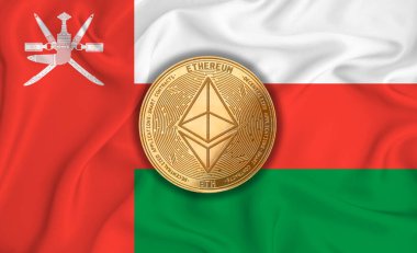 Umman bayrağı, bayraklarda altın para. Engelleme zinciri, bitcoin, para birimi ademi merkeziyeti. 3d oluşturma