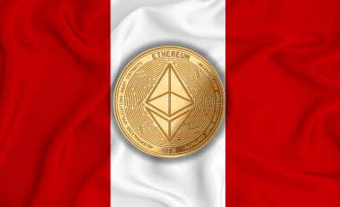 Peru bayrağı, bayraklarda altın para. Engelleme zinciri, bitcoin, para birimi ademi merkeziyeti. 3d oluşturma