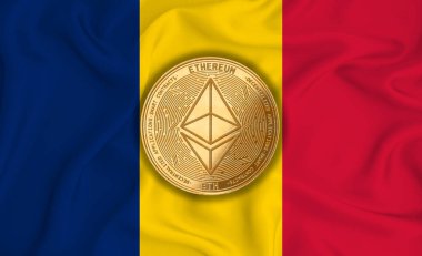 Romanya bayrağı, bayraklı altın sikke. Engelleme zinciri, bitcoin, para birimi ademi merkeziyeti. 3d oluşturma