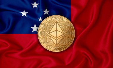 Samoa bayrağı, bayraklı altın para. Engelleme zinciri, bitcoin, para birimi ademi merkeziyeti. 3d oluşturma