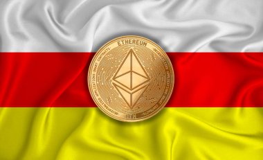 Güney Osetya bayrağı, bayrak arkasında altın para. Engelleme zinciri, bitcoin, para birimi ademi merkeziyeti. 3d oluşturma