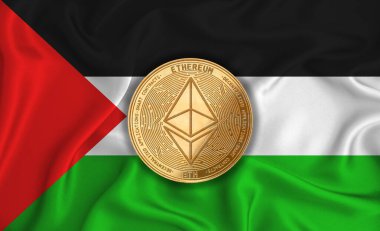 Batı Sahra bayrağı, bayraklı altın para. Engelleme zinciri, bitcoin, para birimi ademi merkeziyeti. 3d oluşturma