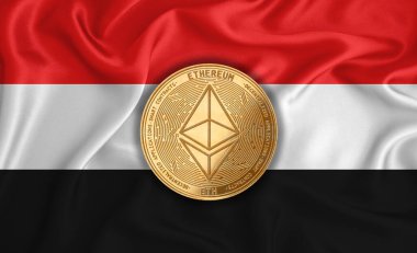 Yemen bayrağı, bayraklarda altın para. Engelleme zinciri, bitcoin, para birimi ademi merkeziyeti. 3d oluşturma