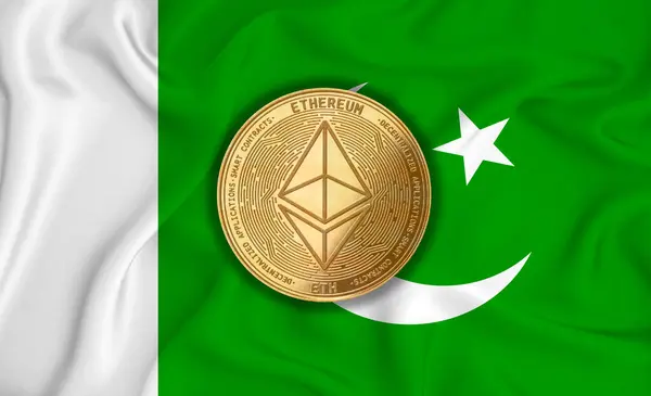 Pakistan flag, ethereum gold coin on flag background. The concept of blockchain, bitcoin, currency decentralization in the country. 3d-rendering