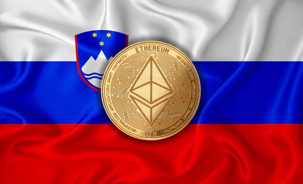 Slovenia flag, ethereum gold coin on flag background. The concept of blockchain, bitcoin, currency decentralization in the country. 3d-rendering