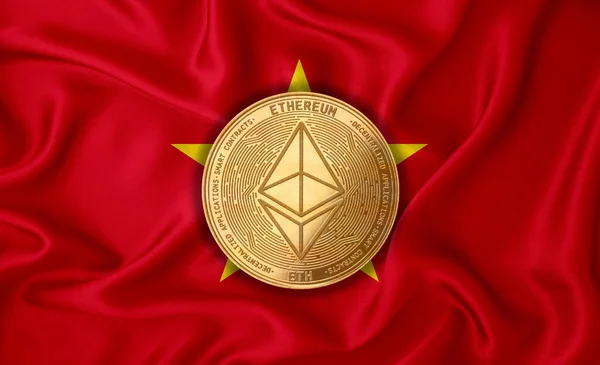 Flaga Wietnamu Eteryczna Złota Moneta Tle Flagi Koncepcja Blockchain Bitcoin — Zdjęcie stockowe