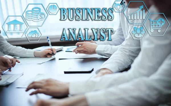 Business management concept - group of businessmen in office with digital business icons, graphic banner showing symbol of banking, commercial assistance. Inscription: BUSINESS ANALYST