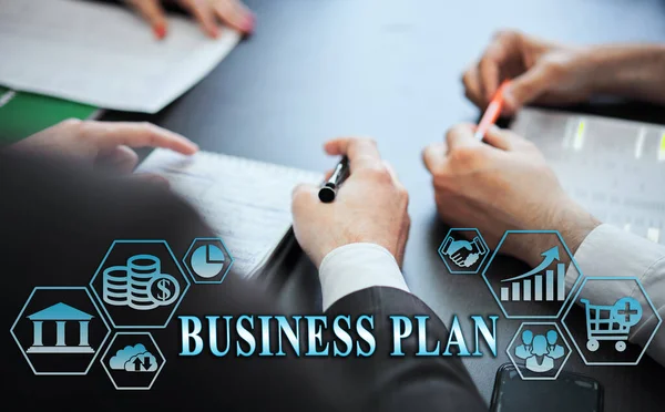 ビジネス管理コンセプト デジタルビジネスアイコン 銀行のシンボルを示すグラフィックバナー 商業支援を持つオフィスのビジネスマンのグループ ビジネスプラン — ストック写真