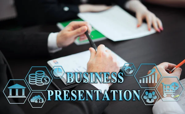 Business management concept - group of businessmen in office with digital business icons, graphic banner showing symbol of banking, commercial assistance. Inscription: BUSINESS PRESENTATION