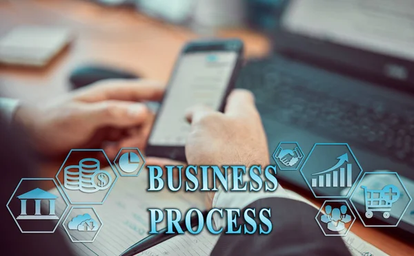 ビジネス管理コンセプト デジタルビジネスアイコン 銀行のシンボルを示すグラフィックバナー 商業支援を持つオフィスのビジネスマンのグループ 説明書 ビジネスプロセス — ストック写真