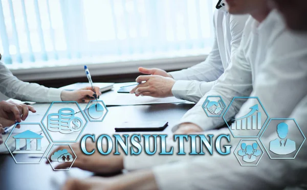 Business management concept - group of businessmen in office with digital business icons, graphic banner showing symbol of banking, commercial assistance. Inscription: CONSULTING