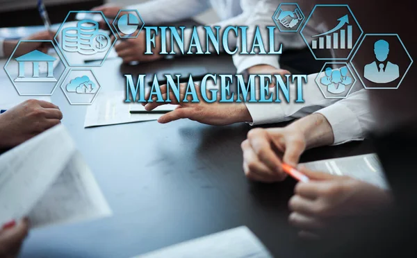 Business management concept - group of businessmen in office with digital business icons, graphic banner showing symbol of banking, commercial assistance. Inscription: FINANCIAL MANAGEMENT