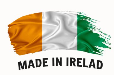 İrlanda el yapımı klasik kurdele bayrağı, fırça darbesi, tipografi harfleri beyaz arka planda logo etiketi afişi.