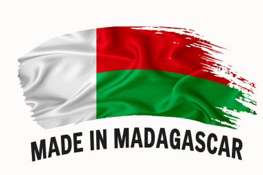 Madagaskar el yazısıyla yazılmış klasik kurdele bayrağı, fırça darbesi, tipografi harfleri, beyaz arka planda logo etiketi afişi..