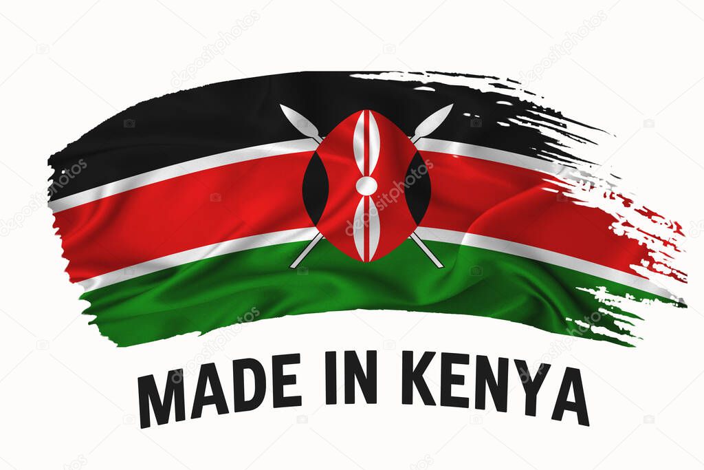 Made in kenya handwritten vintage ribbon flag, brush stroke, typography lettering logo label banner on white background.