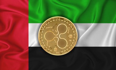 Birleşik Arap Emirlikleri bayrağı, arka planda dalgalanan altın sikke. Engelleme zinciri, bitcoin, para birimi ademi merkeziyeti. 3d oluşturma