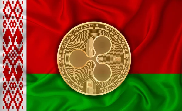 Belarus flag, ripple gold coin on flag background. The concept of blockchain, bitcoin, currency decentralization in the country. 3d-rendering