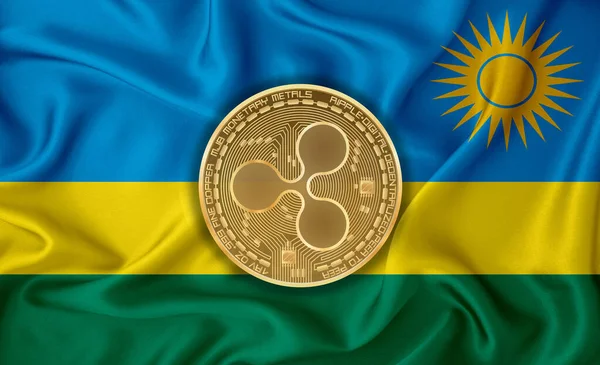 Rwanda flag, ripple gold coin on flag background. The concept of blockchain, bitcoin, currency decentralization in the country. 3d-rendering