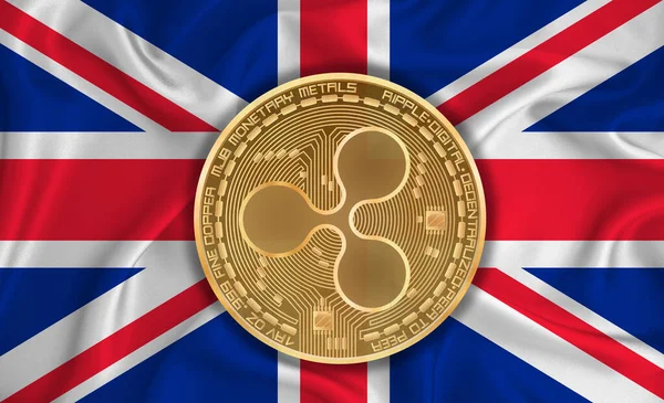 Great Britain flag, ripple gold coin on flag background. The concept of blockchain, bitcoin, currency decentralization in the country. 3d-rendering