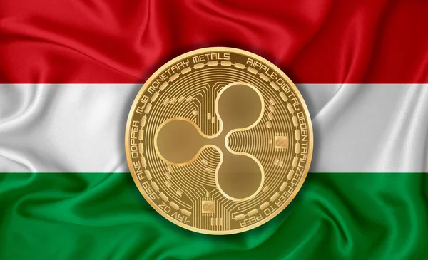 Hungary flag, ripple gold coin on flag background. The concept of blockchain, bitcoin, currency decentralization in the country. 3d-rendering