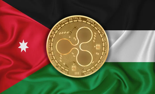 Jordan flag, ripple gold coin on flag background. The concept of blockchain, bitcoin, currency decentralization in the country. 3d-rendering