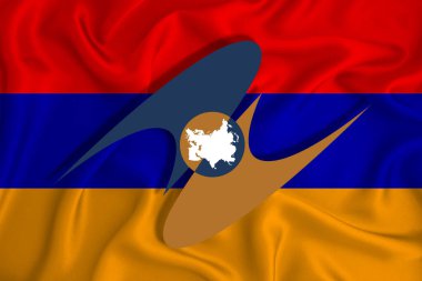 EAEU, Avrasya Ekonomik Birliği. Avrupa ve Asya 'daki bazı ülkeler arasındaki ekonomik işbirliği. Ermenistan bayrağının arka planında