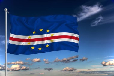 Cabo Verde ulusal bayrağı derin mavi gökyüzüne karşı rüzgarda dalgalanıyor. Uluslararası ilişkiler kavramı.