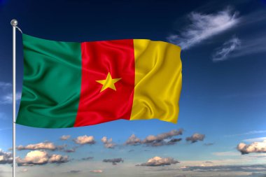 Kamerun ulusal bayrağı derin mavi gökyüzüne karşı rüzgarda dalgalanıyor. Uluslararası ilişkiler kavramı.