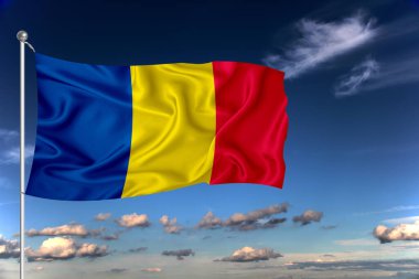 Chad ulusal bayrağı derin mavi gökyüzüne karşı rüzgarda dalgalanıyor. Uluslararası ilişkiler kavramı.